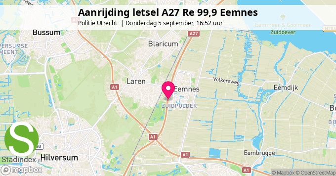 Aanrijding letsel A27 Re 99,9 Eemnes