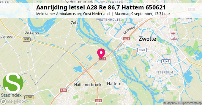 Aanrijding letsel A28 Re 86,7 Hattem 650621