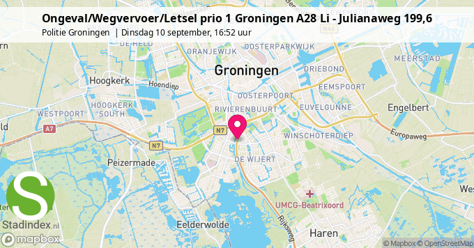 Ongeval/Wegvervoer/Letsel prio 1 Groningen A28 Li - Julianaweg 199,6