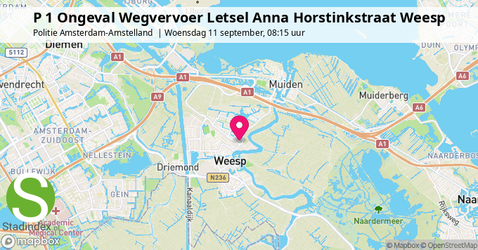 P 1 Ongeval Wegvervoer Letsel Anna Horstinkstraat Weesp