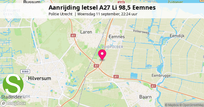 Aanrijding letsel A27 Li 98,5 Eemnes