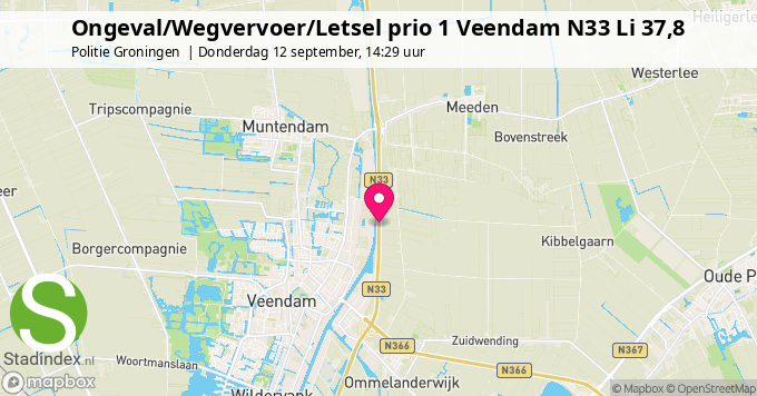 Ongeval/Wegvervoer/Letsel prio 1 Veendam N33 Li 37,8