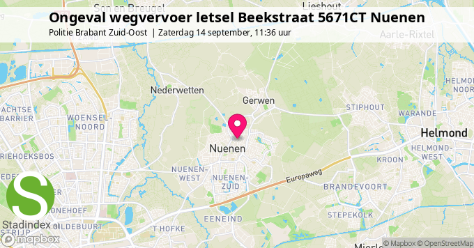 Ongeval wegvervoer letsel Beekstraat 5671CT Nuenen