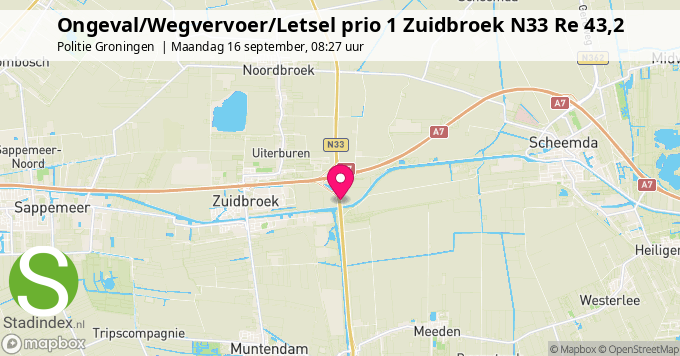 Ongeval/Wegvervoer/Letsel prio 1 Zuidbroek N33 Re 43,2