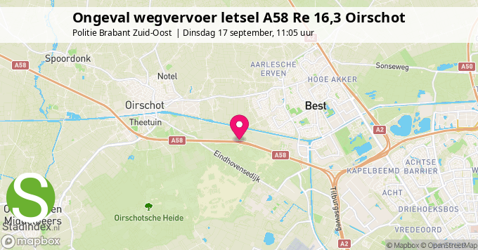 Ongeval wegvervoer letsel A58 Re 16,3 Oirschot