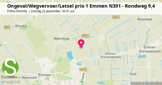 Ongeval/Wegvervoer/Letsel prio 1 Emmen N391 - Rondweg 9,4