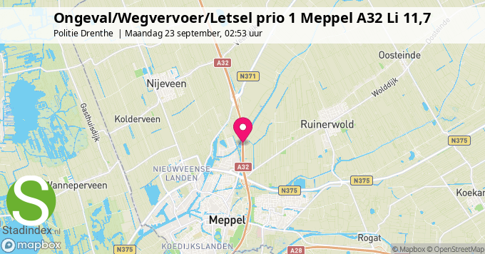 Ongeval/Wegvervoer/Letsel prio 1 Meppel A32 Li 11,7