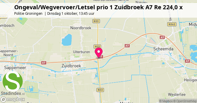 Ongeval/Wegvervoer/Letsel prio 1 Zuidbroek A7 Re 224,0 x