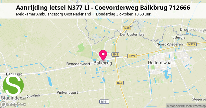 Aanrijding letsel N377 Li - Coevorderweg Balkbrug 712666