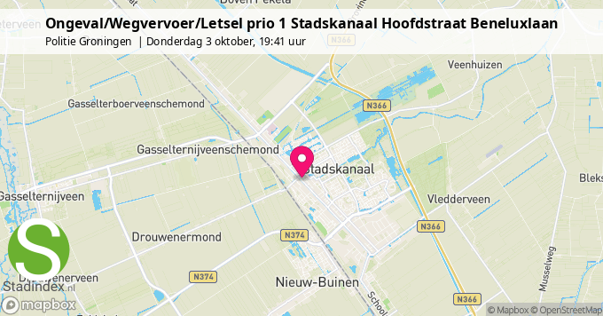 Ongeval/Wegvervoer/Letsel prio 1 Stadskanaal Hoofdstraat Beneluxlaan