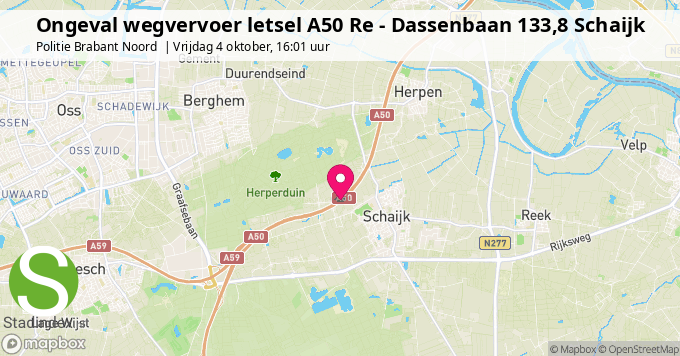 Ongeval wegvervoer letsel A50 Re - Dassenbaan 133,8 Schaijk