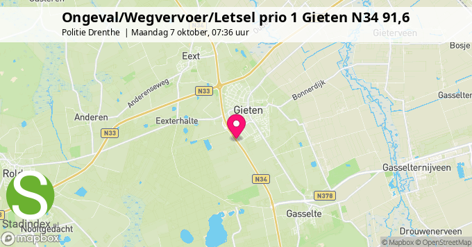 Ongeval/Wegvervoer/Letsel prio 1 Gieten N34 91,6