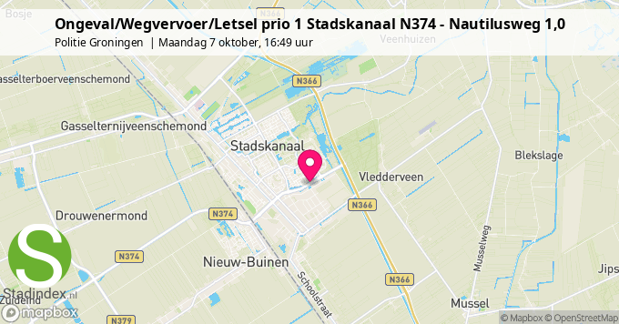 Ongeval/Wegvervoer/Letsel prio 1 Stadskanaal N374 - Nautilusweg 1,0