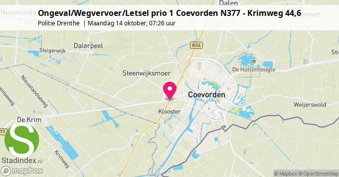 Ongeval/Wegvervoer/Letsel prio 1 Coevorden N377 - Krimweg 44,6