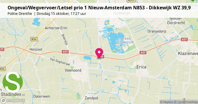 Ongeval/Wegvervoer/Letsel prio 1 Nieuw-Amsterdam N853 - Dikkewijk WZ 39,9