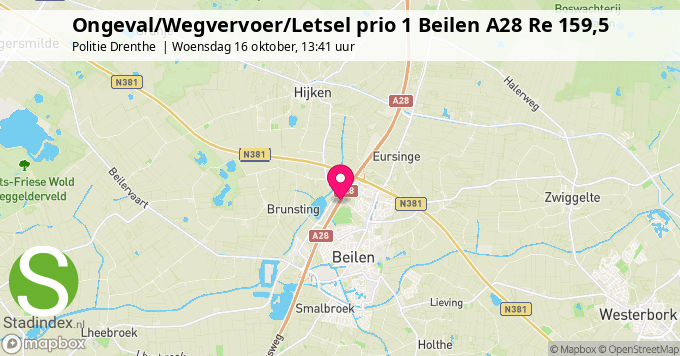 Ongeval/Wegvervoer/Letsel prio 1 Beilen A28 Re 159,5