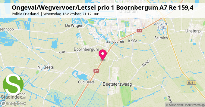 Ongeval/Wegvervoer/Letsel prio 1 Boornbergum A7 Re 159,4