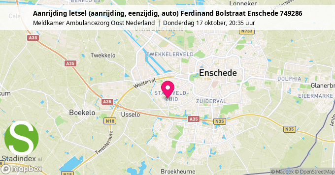 Aanrijding letsel (aanrijding, eenzijdig, auto) Ferdinand Bolstraat Enschede 749286