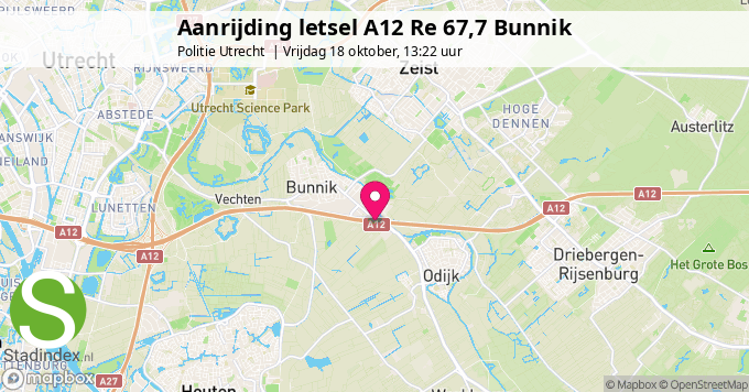 Aanrijding letsel A12 Re 67,7 Bunnik