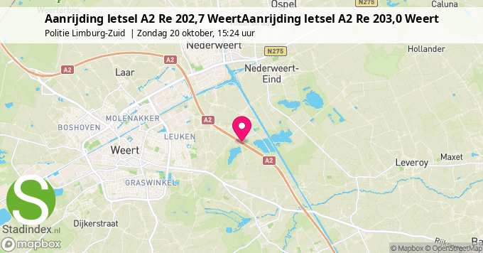 Aanrijding letsel A2 Re 202,7 WeertAanrijding letsel A2 Re 203,0 Weert