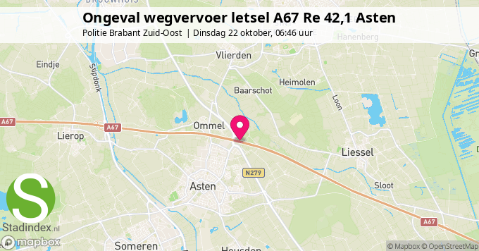 Ongeval wegvervoer letsel A67 Re 42,1 Asten