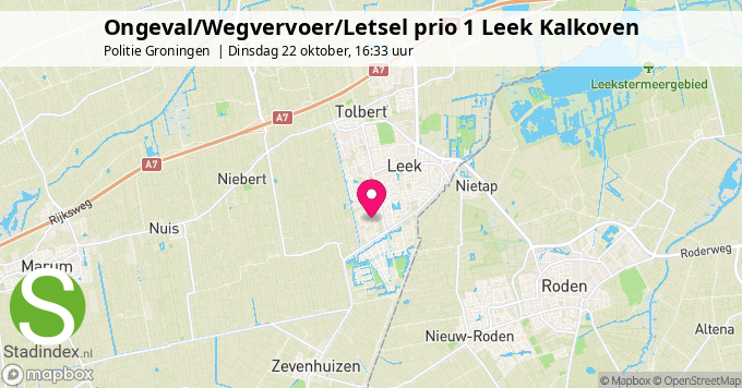 Ongeval/Wegvervoer/Letsel prio 1 Leek Kalkoven