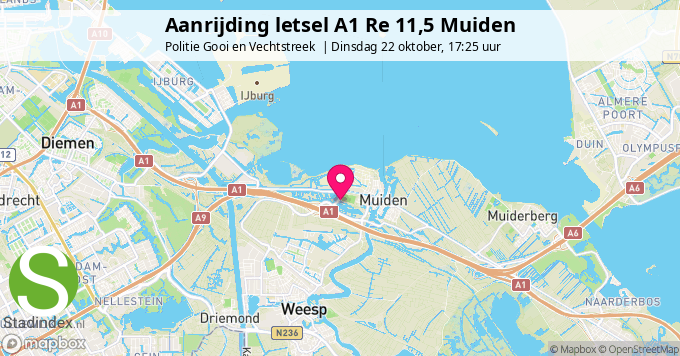 Aanrijding letsel A1 Re 11,5 Muiden