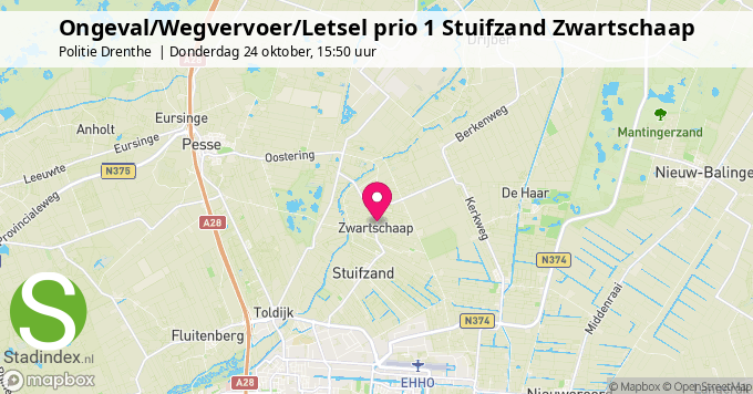 Ongeval/Wegvervoer/Letsel prio 1 Stuifzand Zwartschaap