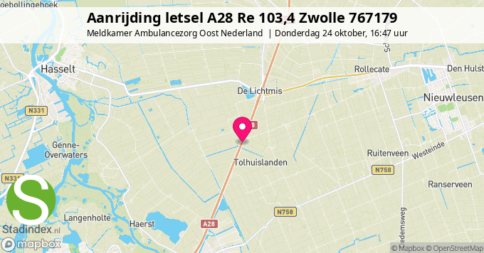 Aanrijding letsel A28 Re 103,4 Zwolle 767179