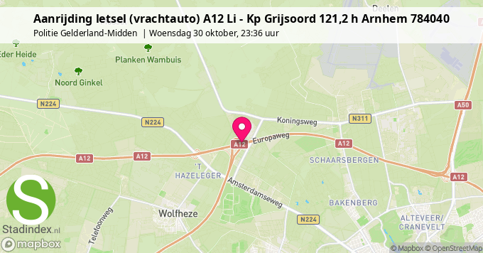 Aanrijding letsel (vrachtauto) A12 Li - Kp Grijsoord 121,2 h Arnhem 784040