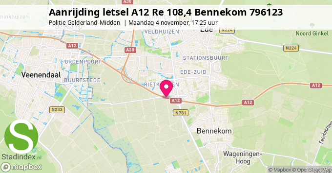 Aanrijding letsel A12 Re 108,4 Bennekom 796123