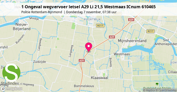 1 Ongeval wegvervoer letsel A29 Li 21,5 Westmaas ICnum 610465