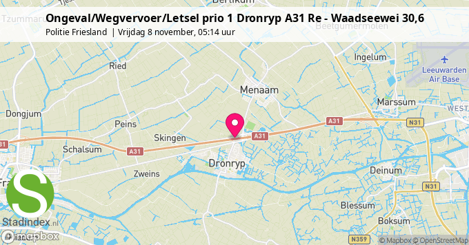 Ongeval/Wegvervoer/Letsel prio 1 Dronryp A31 Re - Waadseewei 30,6