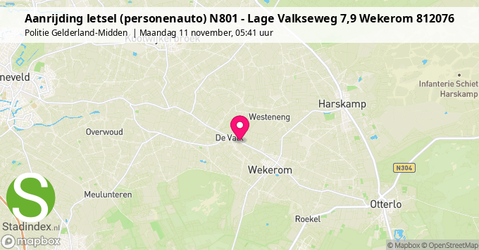 Aanrijding letsel (personenauto) N801 - Lage Valkseweg 7,9 Wekerom 812076