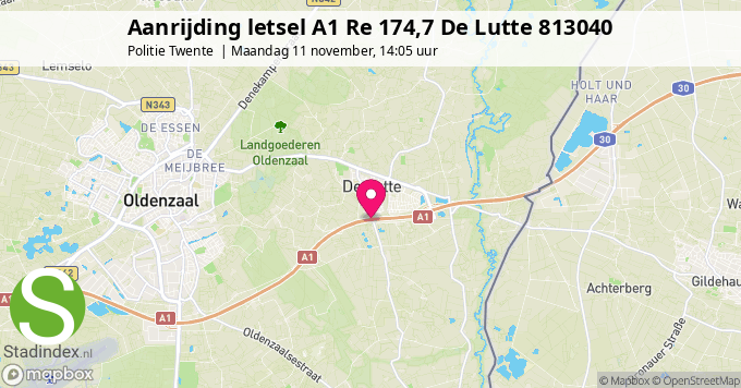 Aanrijding letsel A1 Re 174,7 De Lutte 813040