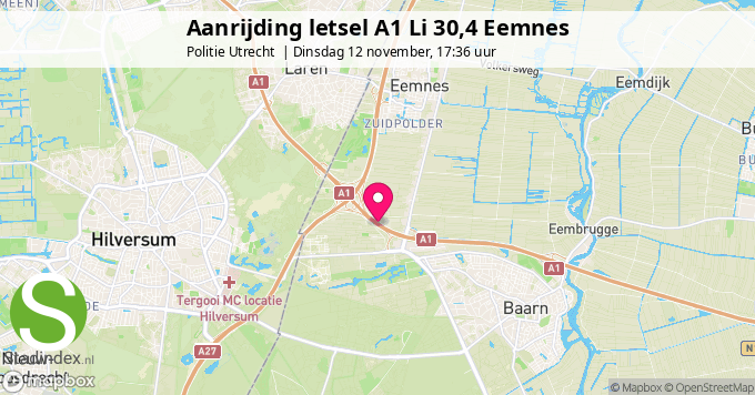 Aanrijding letsel A1 Li 30,4 Eemnes