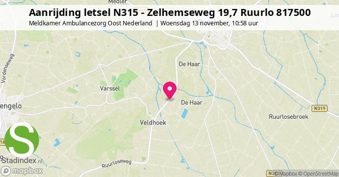 Aanrijding letsel N315 - Zelhemseweg 19,7 Ruurlo 817500