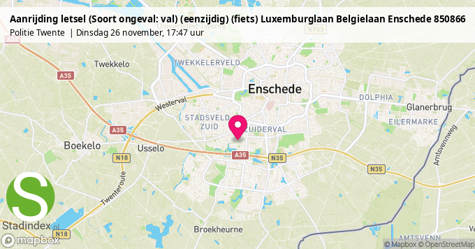 Aanrijding letsel (Soort ongeval: val) (eenzijdig) (fiets) Luxemburglaan Belgielaan Enschede 850866