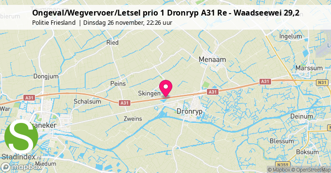 Ongeval/Wegvervoer/Letsel prio 1 Dronryp A31 Re - Waadseewei 29,2