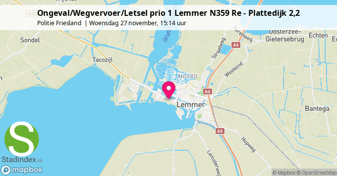 Ongeval/Wegvervoer/Letsel prio 1 Lemmer N359 Re - Plattedijk 2,2