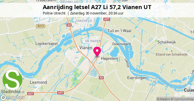 Aanrijding letsel A27 Li 57,2 Vianen UT