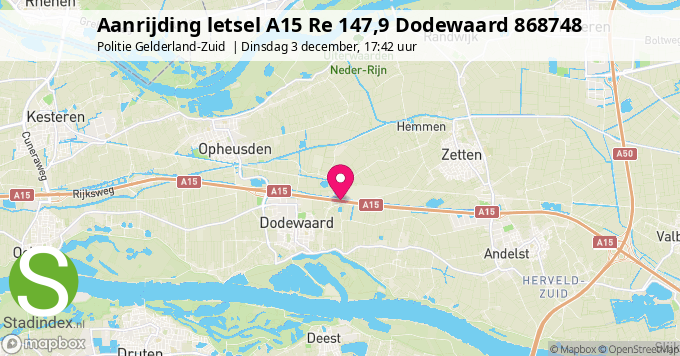 Aanrijding letsel A15 Re 147,9 Dodewaard 868748