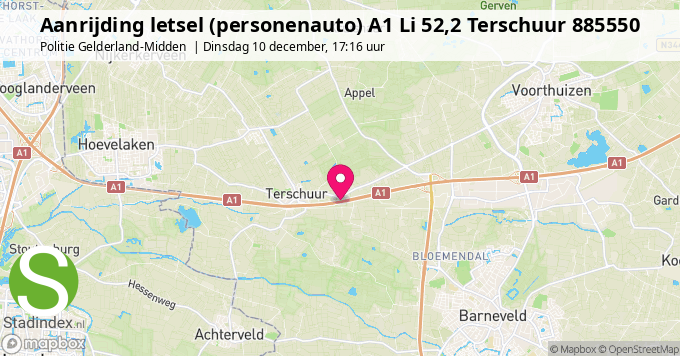 Aanrijding letsel (personenauto) A1 Li 52,2 Terschuur 885550