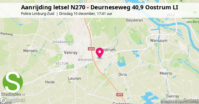 Aanrijding letsel N270 - Deurneseweg 40,9 Oostrum LI