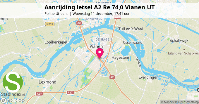 Aanrijding letsel A2 Re 74,0 Vianen UT