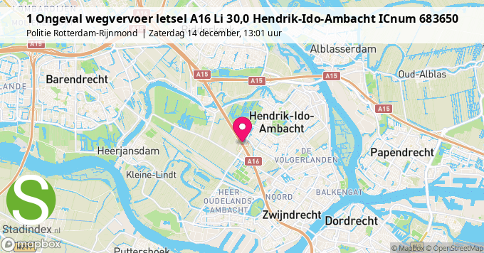 1 Ongeval wegvervoer letsel A16 Li 30,0 Hendrik-Ido-Ambacht ICnum 683650