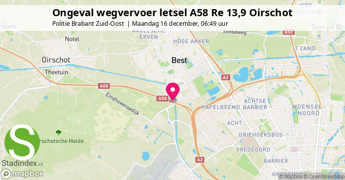 Ongeval wegvervoer letsel A58 Re 13,9 Oirschot