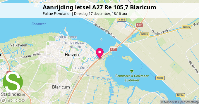 Aanrijding letsel A27 Re 105,7 Blaricum