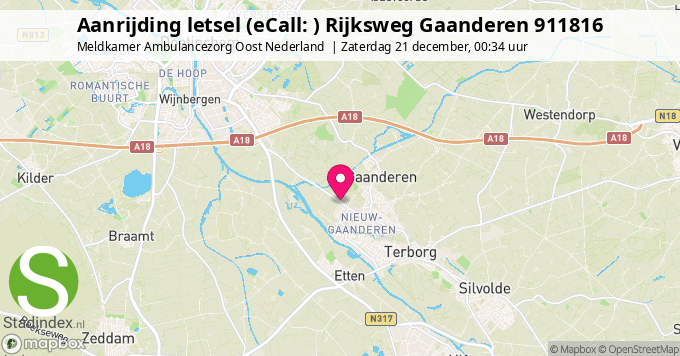 Aanrijding letsel (eCall: ) Rijksweg Gaanderen 911816