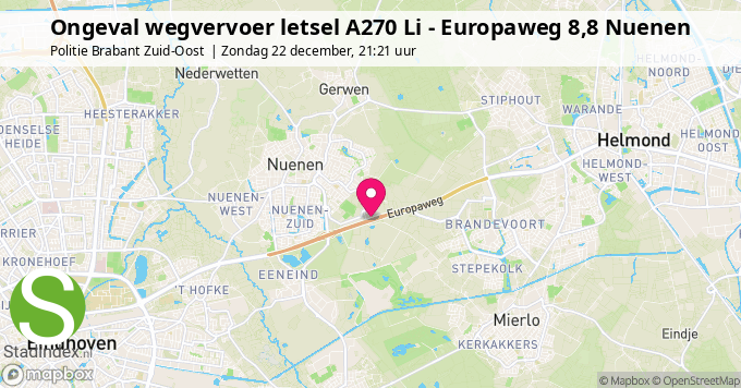 Ongeval wegvervoer letsel A270 Li - Europaweg 8,8 Nuenen